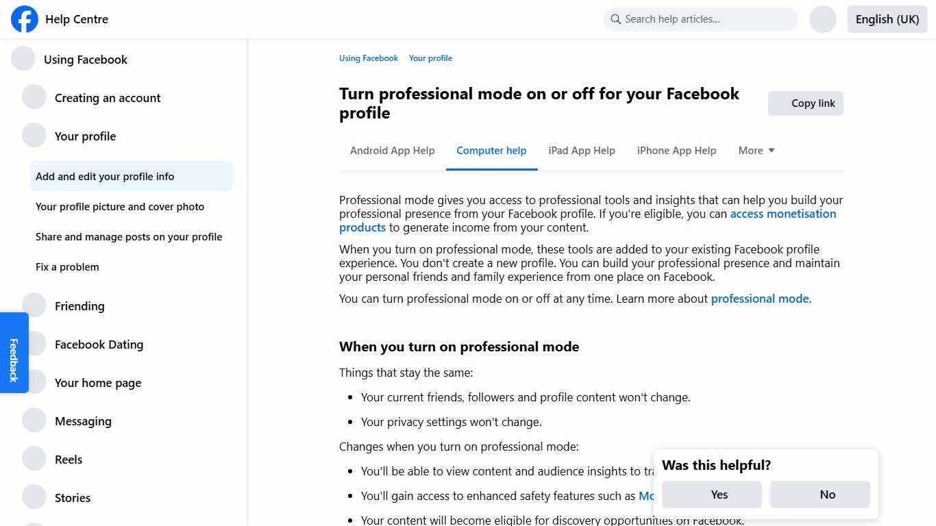 Turn professional mode on or off for your Facebook profile Facebook Help Centre