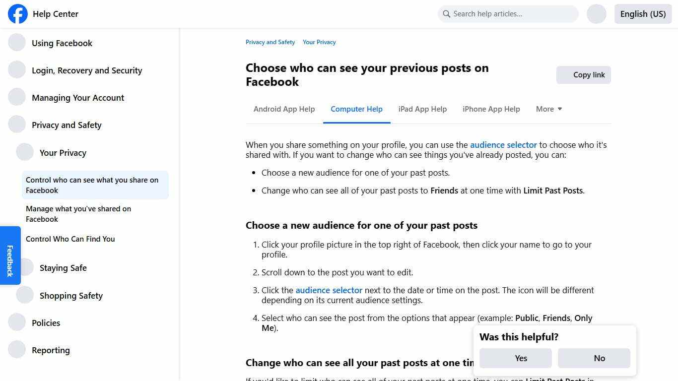 Choose who can see your previous posts on Facebook Facebook Help Center